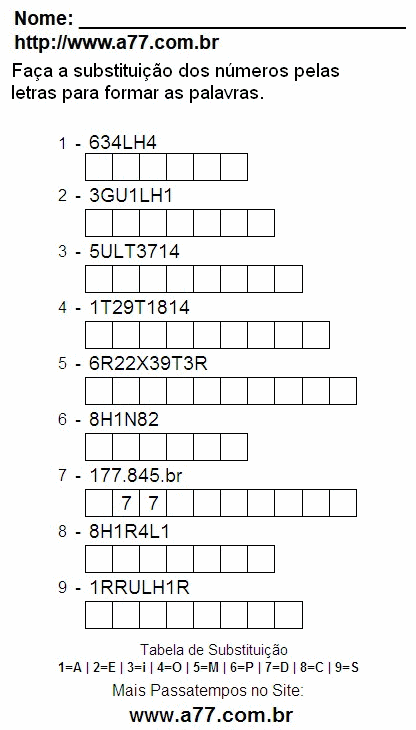 Passatempo de Substituir Nº Por Letras Para Imprimir