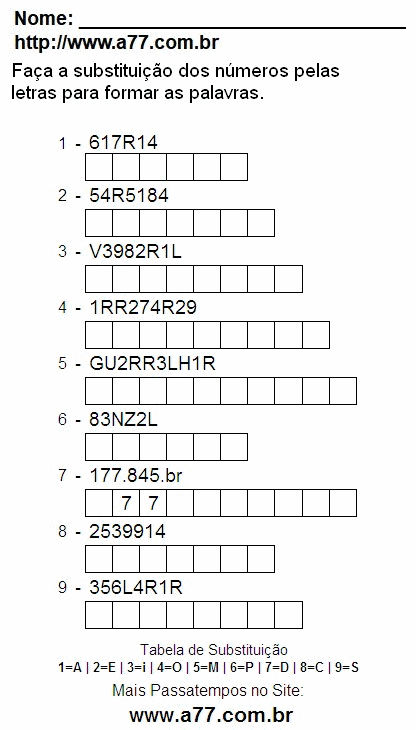 Passatempo Grátis Com Letras e Números Para Imprimir