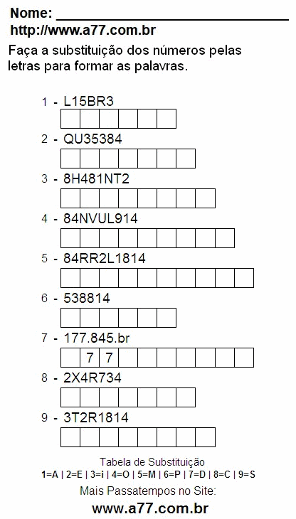 Passatempo Enigma de Letras e Números Para Ser Impresso