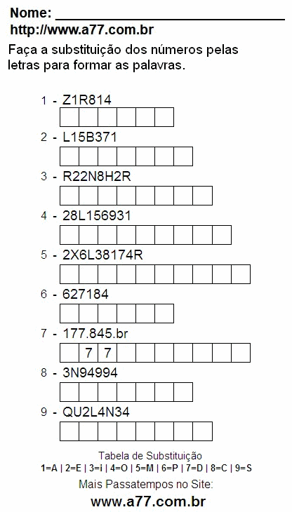 Passatempo Fácil Com Letras e Números Para Impressão