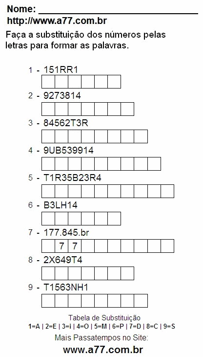 Passatempo de Substituir Nº Por Letras Para Impressão