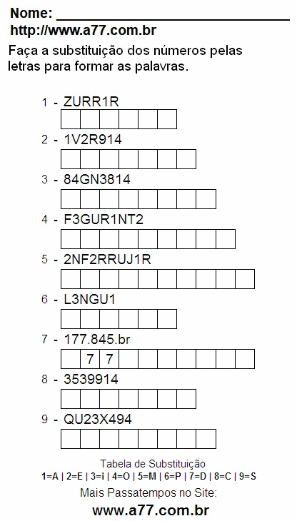 Passatempo de Substituir Nº Por Letras Para Imprimir