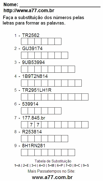 Passatempo Enigma de Letras e Números Para Impressão