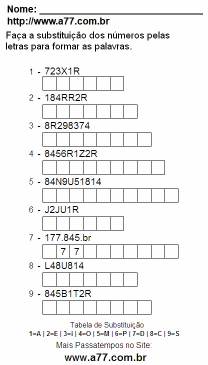 Passatempo Enigma de Letras e Números Para Imprimir