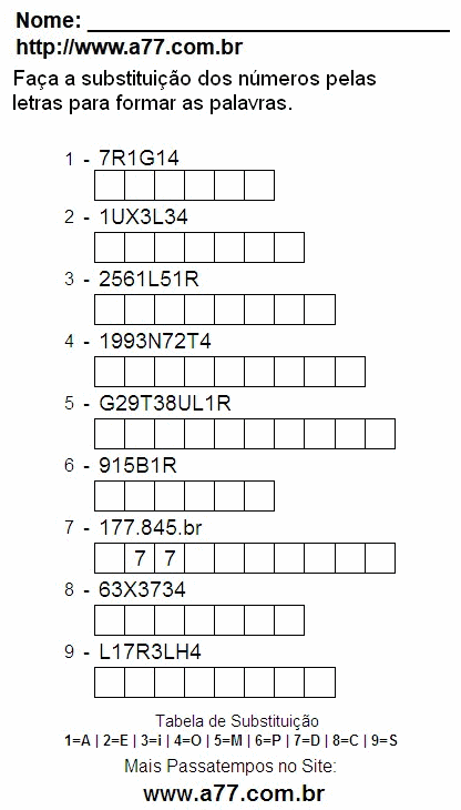 Passatempo de Substituir Números Por Letras Para Imprimir