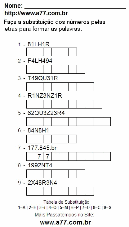 Passatempo de Substituir Números Por Letras Para Imprimir