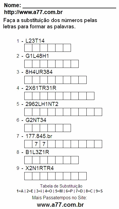 Passatempo Com Letras e Números Para Imprimir