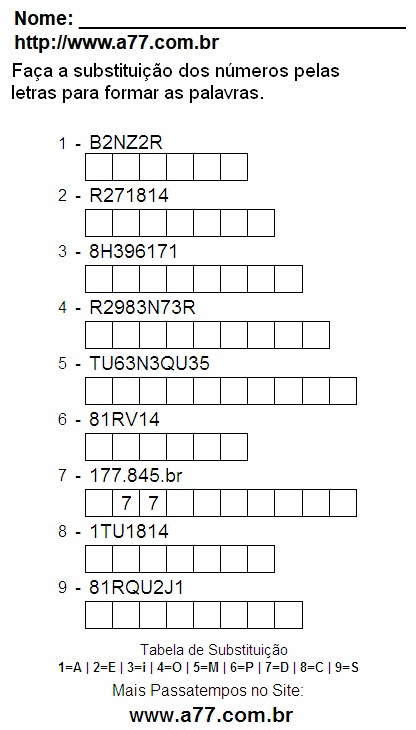 Passatempo de Substituir Nº Por Letras Para Impressão