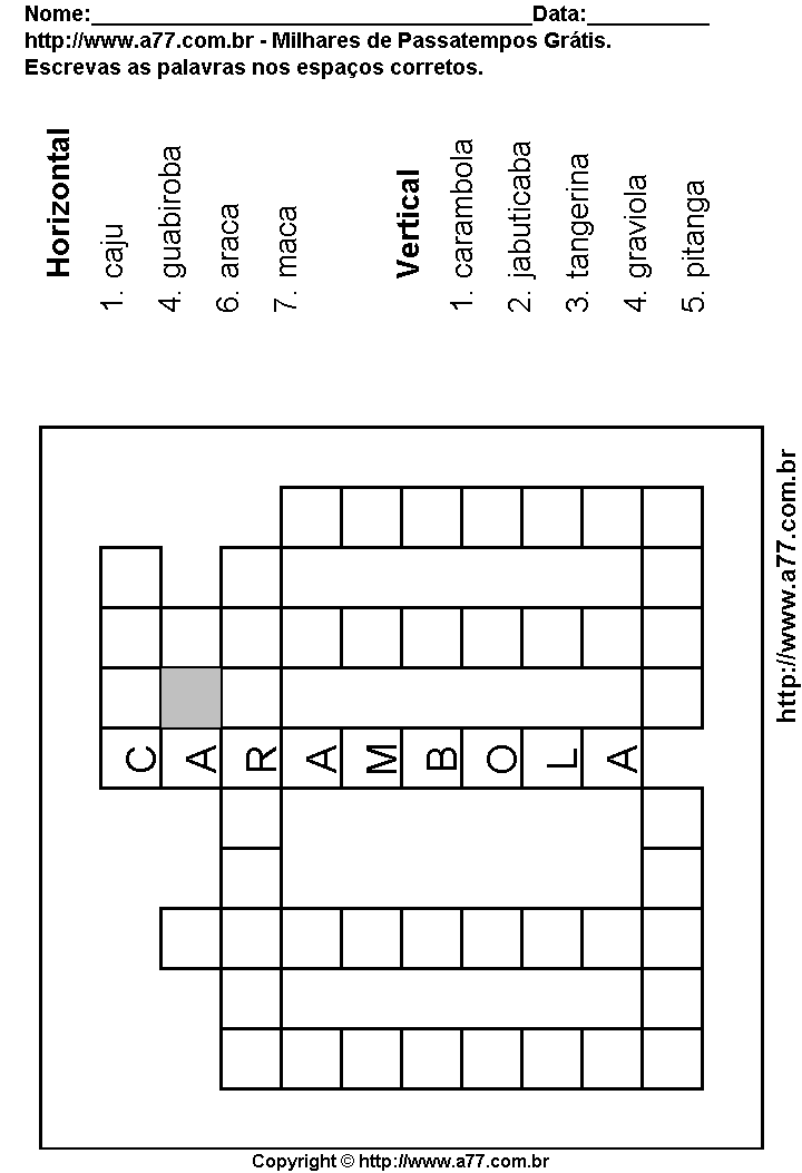 Cruzadinha Para Imprimir com Nomes de Frutas