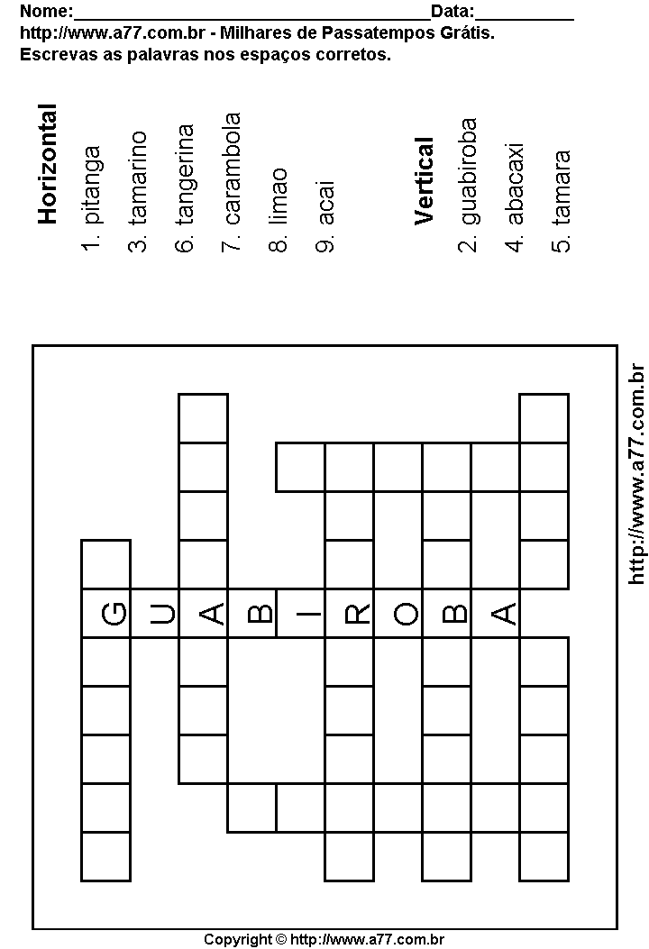 Cruzadinha Para Imprimir com Nomes de Frutas