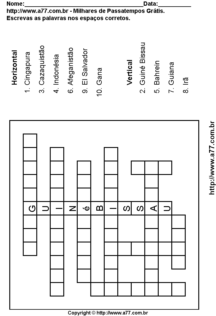 Cruzadinha Para Imprimir com Nomes de Países