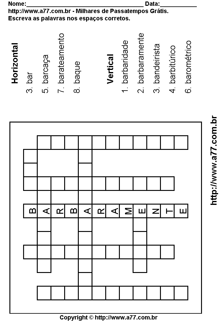 Cruzadinha Para Imprimir com Palavras Escritas Com a Letra B
