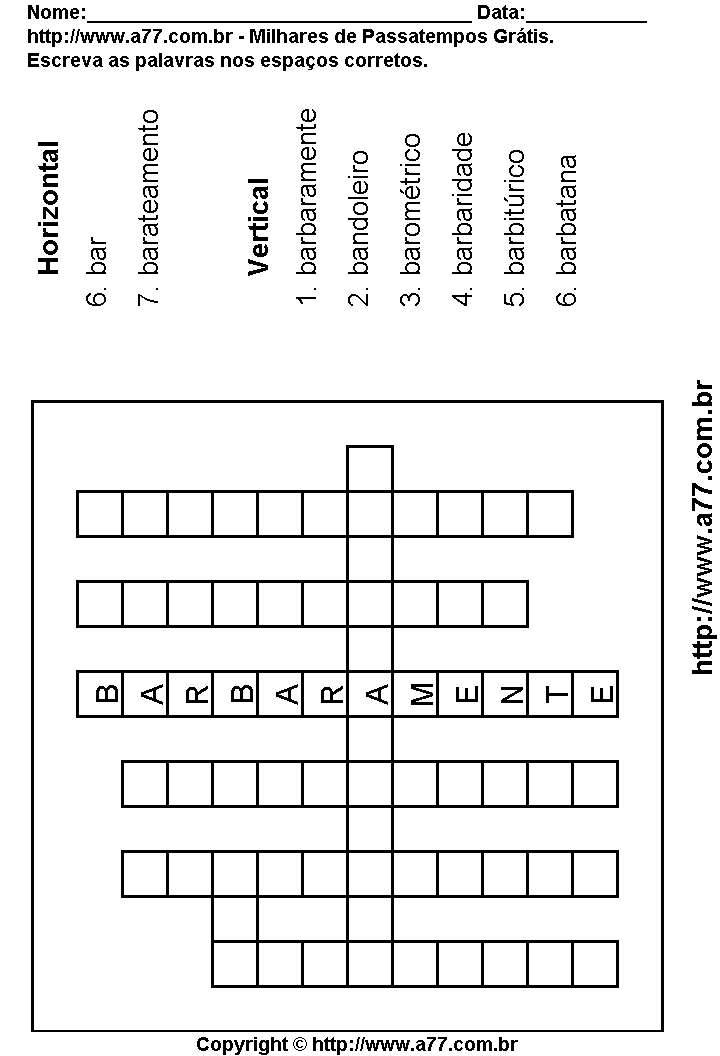 Cruzadinha Para Imprimir com Palavras Escritas Com a Letra B