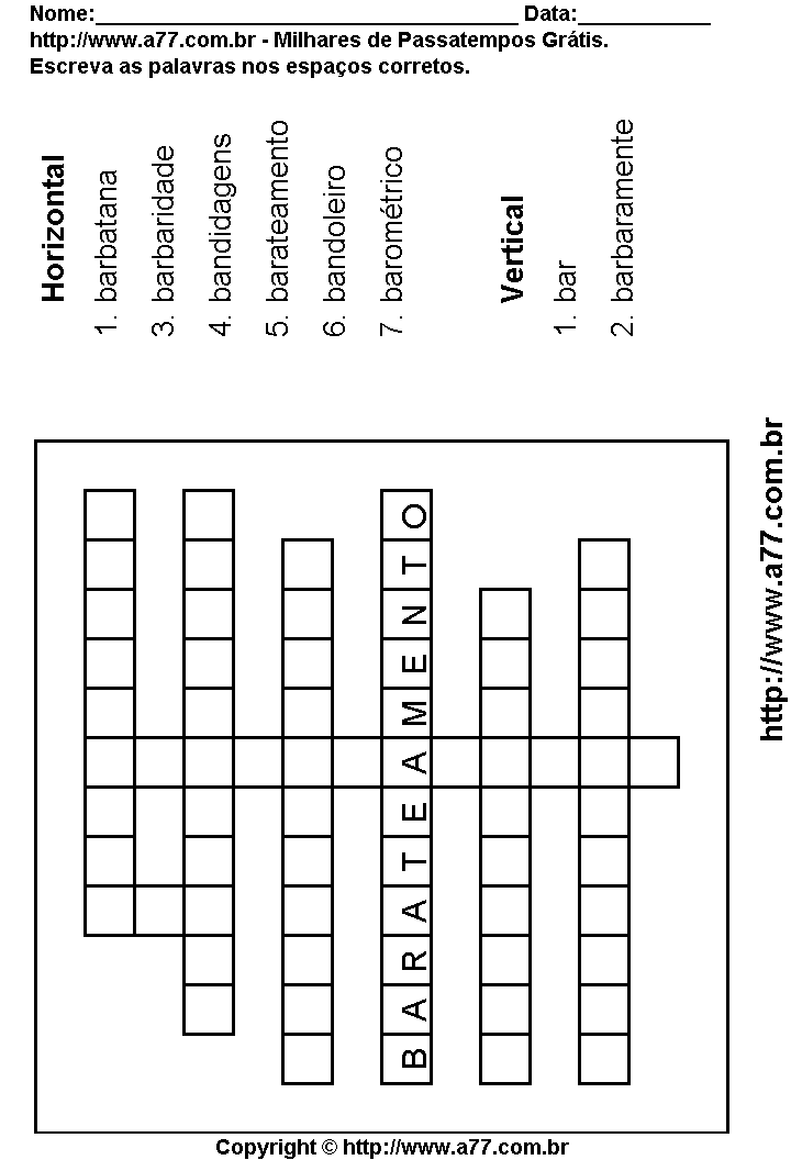 Cruzadinha Para Imprimir com Palavras Escritas Com a Letra B
