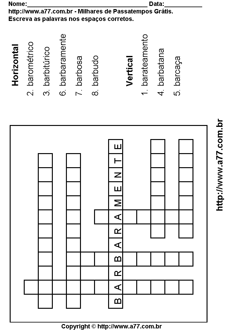 Cruzadinha Para Imprimir com Palavras Escritas Com a Letra B