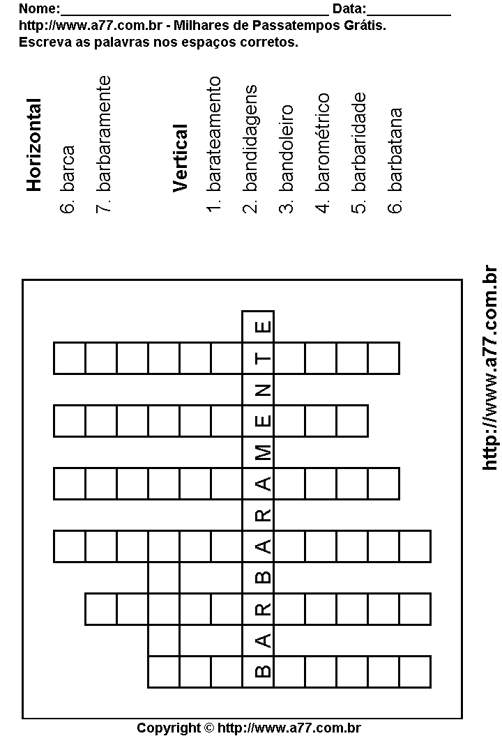 Cruzadinha Para Imprimir com Palavras Escritas Com a Letra B