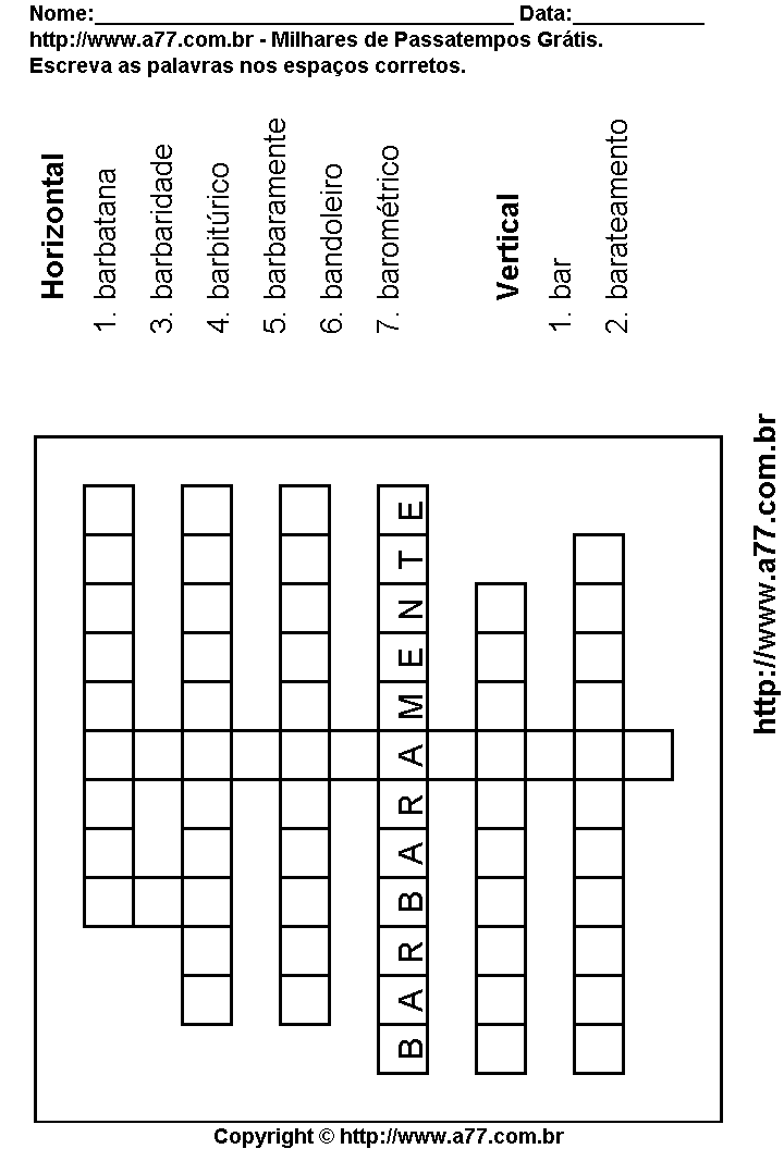 Cruzadinha Para Imprimir com Palavras Escritas Com a Letra B