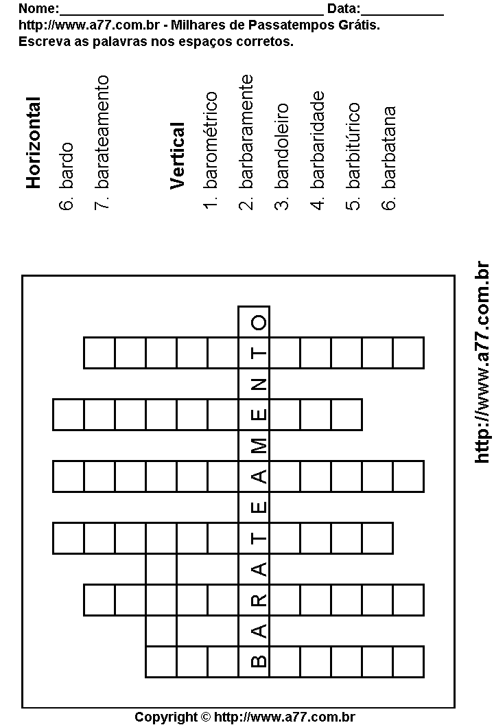 Cruzadinha Para Imprimir com Palavras Escritas Com a Letra B