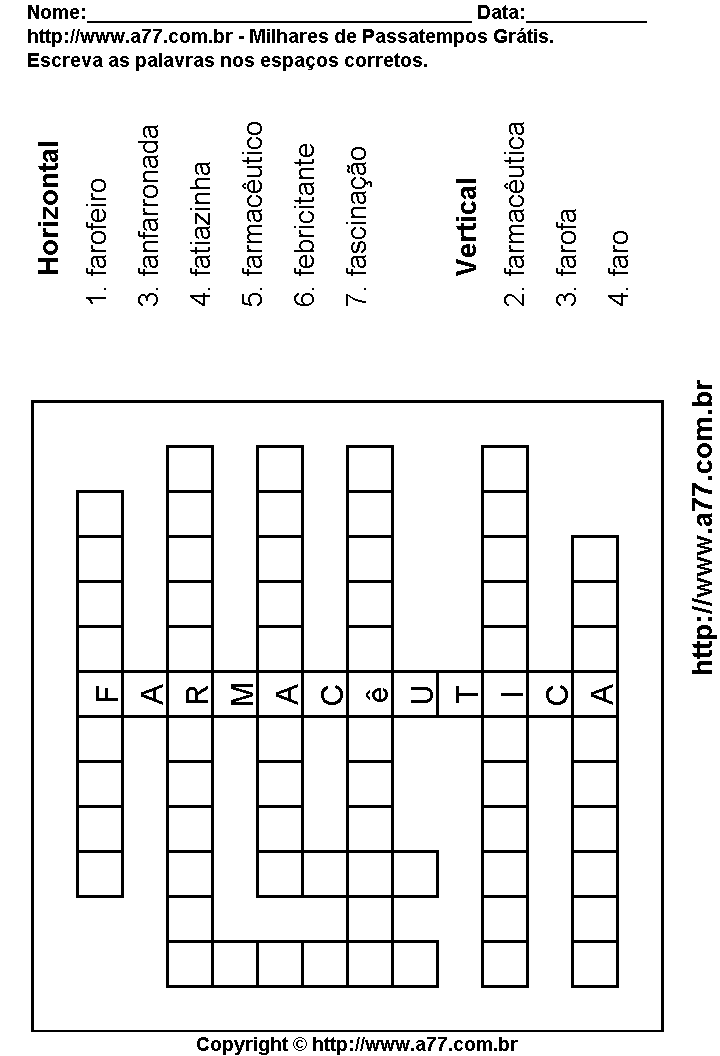 Cruzadinha Para Imprimir com Palavras Escritas Com a Letra F