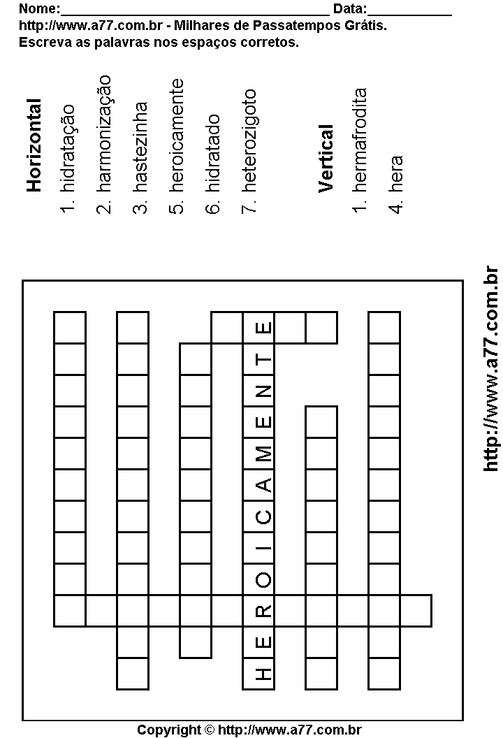 Cruzadinha Para Imprimir com Palavras Escritas Com a Letra H