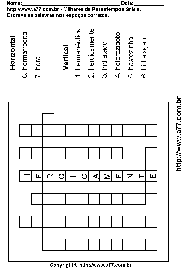 Cruzadinha Para Imprimir com Palavras Escritas Com a Letra H