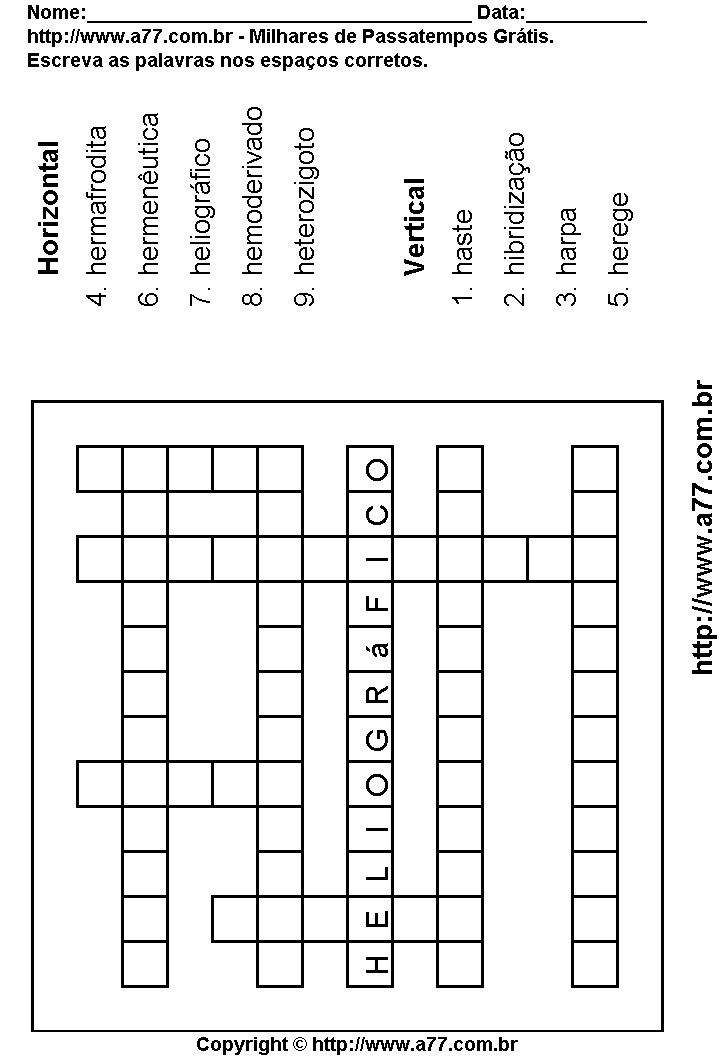 Cruzadinha Para Imprimir com Palavras Escritas Com a Letra H