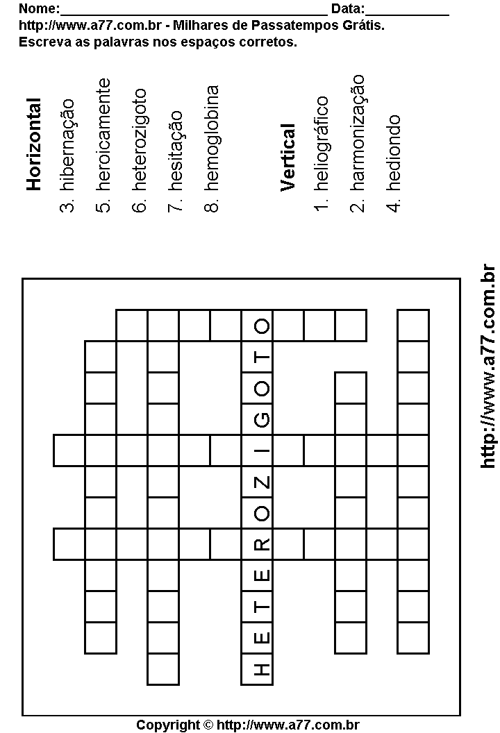 Cruzadinha Para Imprimir com Palavras Escritas Com a Letra H