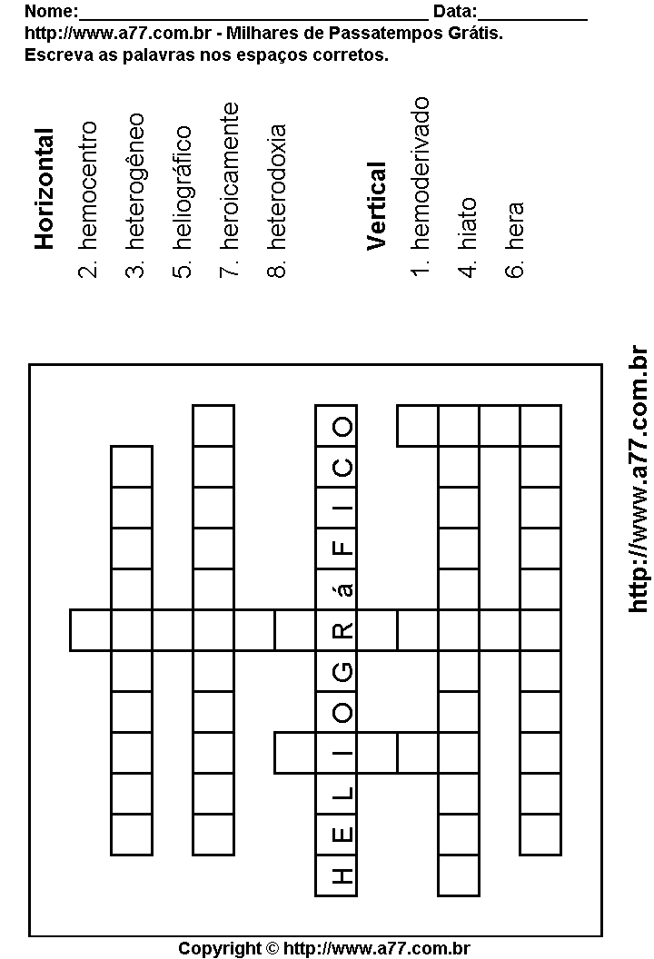 Cruzadinha Para Imprimir com Palavras Escritas Com a Letra H
