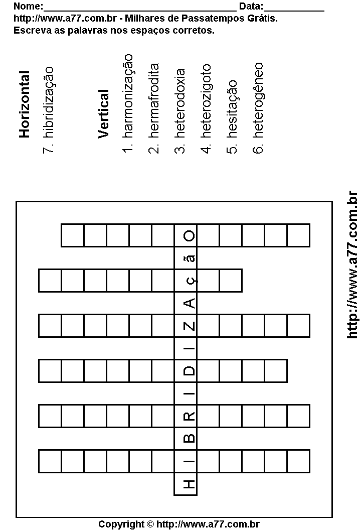Cruzadinha Para Imprimir com Palavras Escritas Com a Letra H