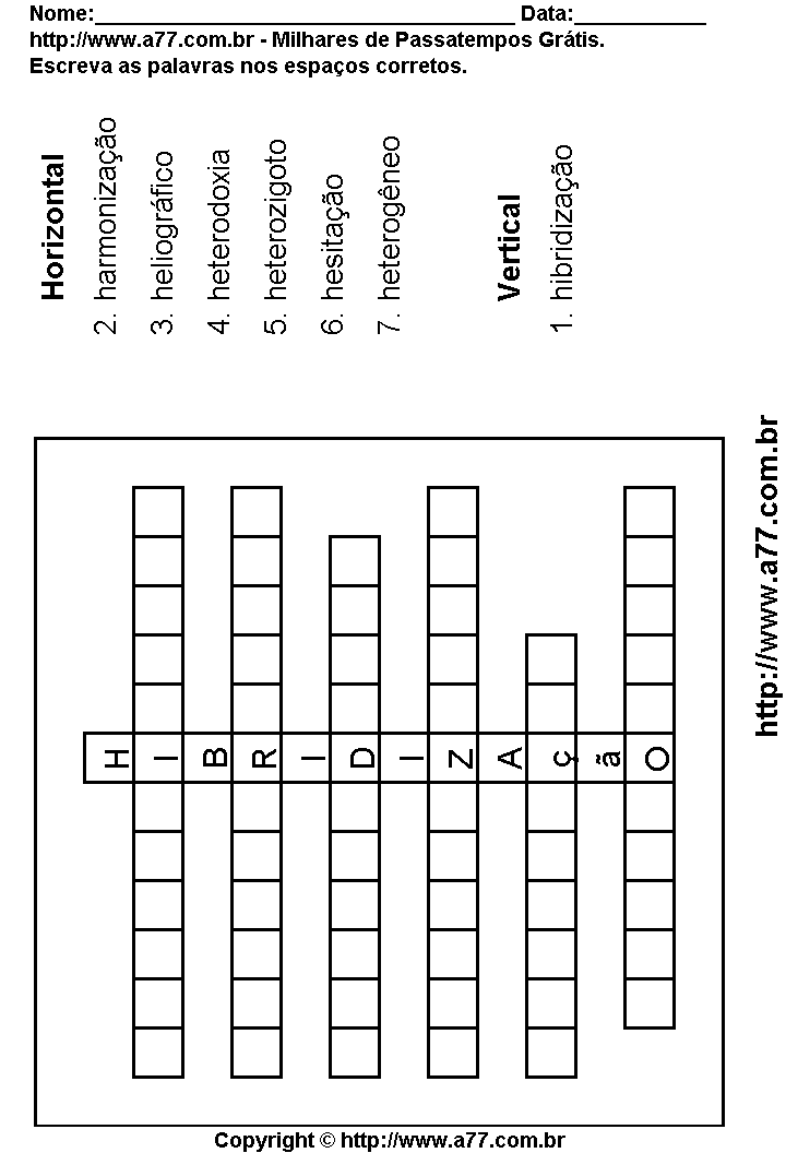 Cruzadinha Para Imprimir com Palavras Escritas Com a Letra H