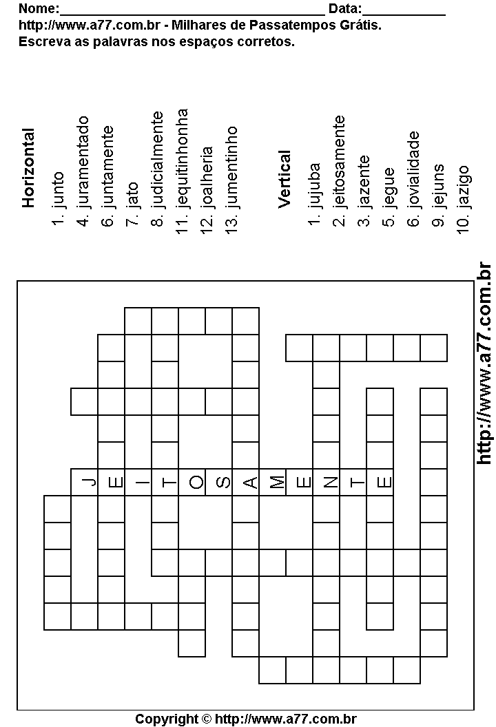 Cruzadinha Para Imprimir com Palavras Escritas Com a Letra J