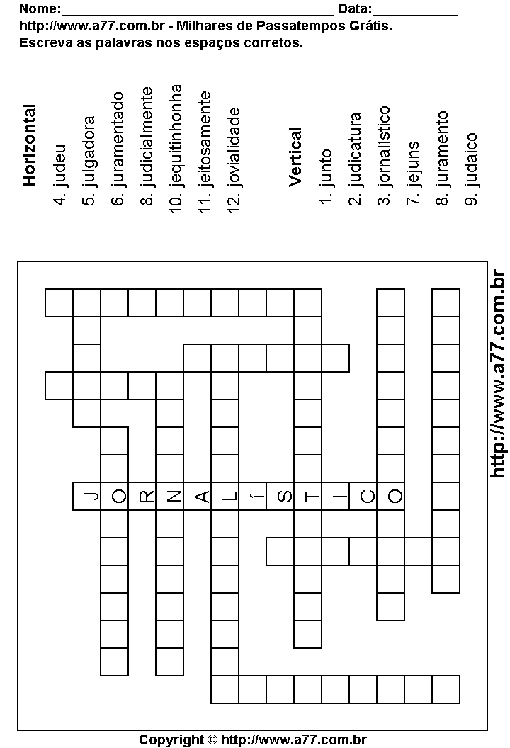 Cruzadinha Para Imprimir com Palavras Escritas Com a Letra J