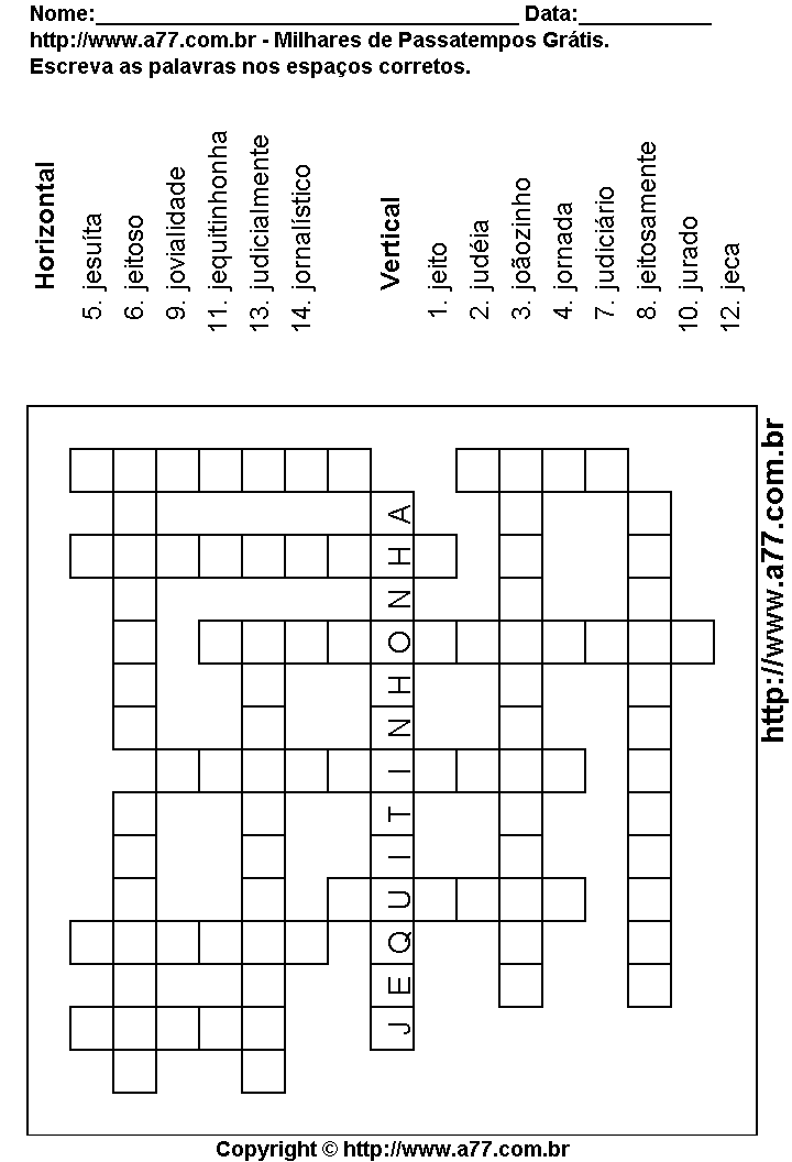 Cruzadinha Para Imprimir com Palavras Escritas Com a Letra J
