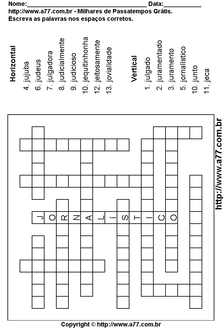 Cruzadinha Para Imprimir com Palavras Escritas Com a Letra J