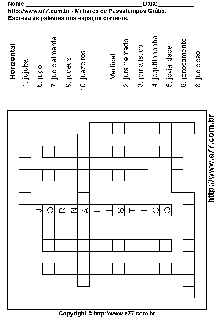Cruzadinha Para Imprimir com Palavras Escritas Com a Letra J