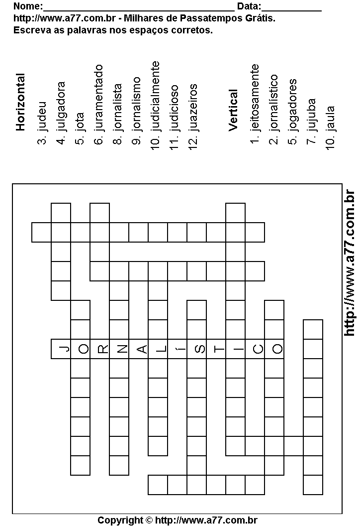 Cruzadinha Para Imprimir com Palavras Escritas Com a Letra J