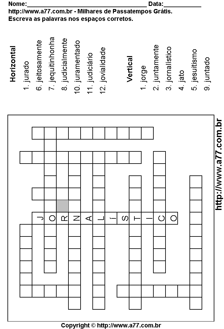 Cruzadinha Para Imprimir com Palavras Escritas Com a Letra J