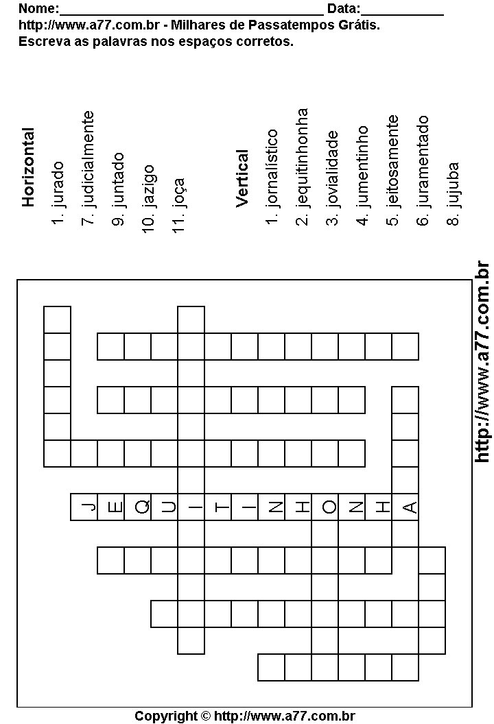 Cruzadinha Para Imprimir com Palavras Escritas Com a Letra J