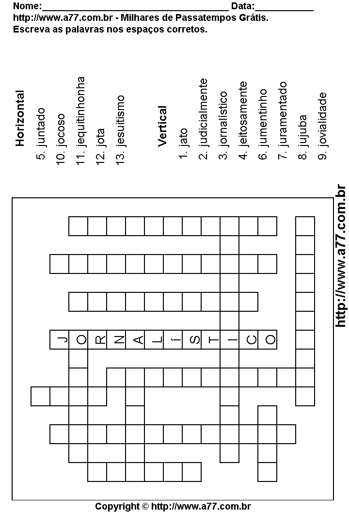 Cruzadinha Para Imprimir com Palavras Escritas Com a Letra J