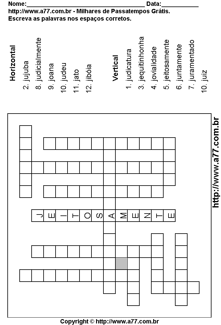 Cruzadinha Para Imprimir com Palavras Escritas Com a Letra J