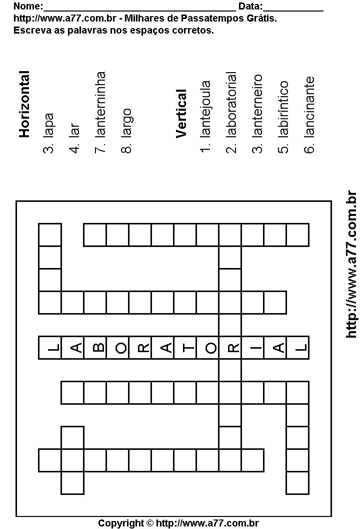 Cruzadinha Para Imprimir com Palavras Escritas Com a Letra L