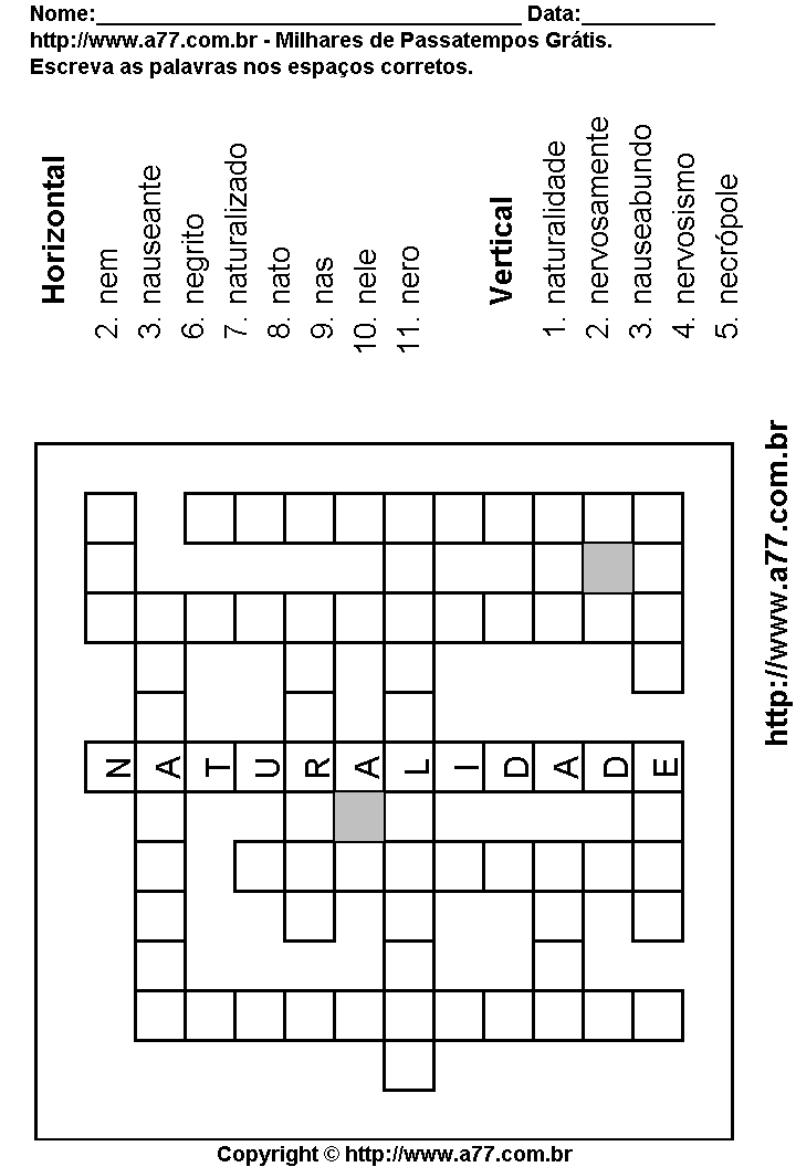 Cruzadinha Para Imprimir com Palavras Escritas Com a Letra N