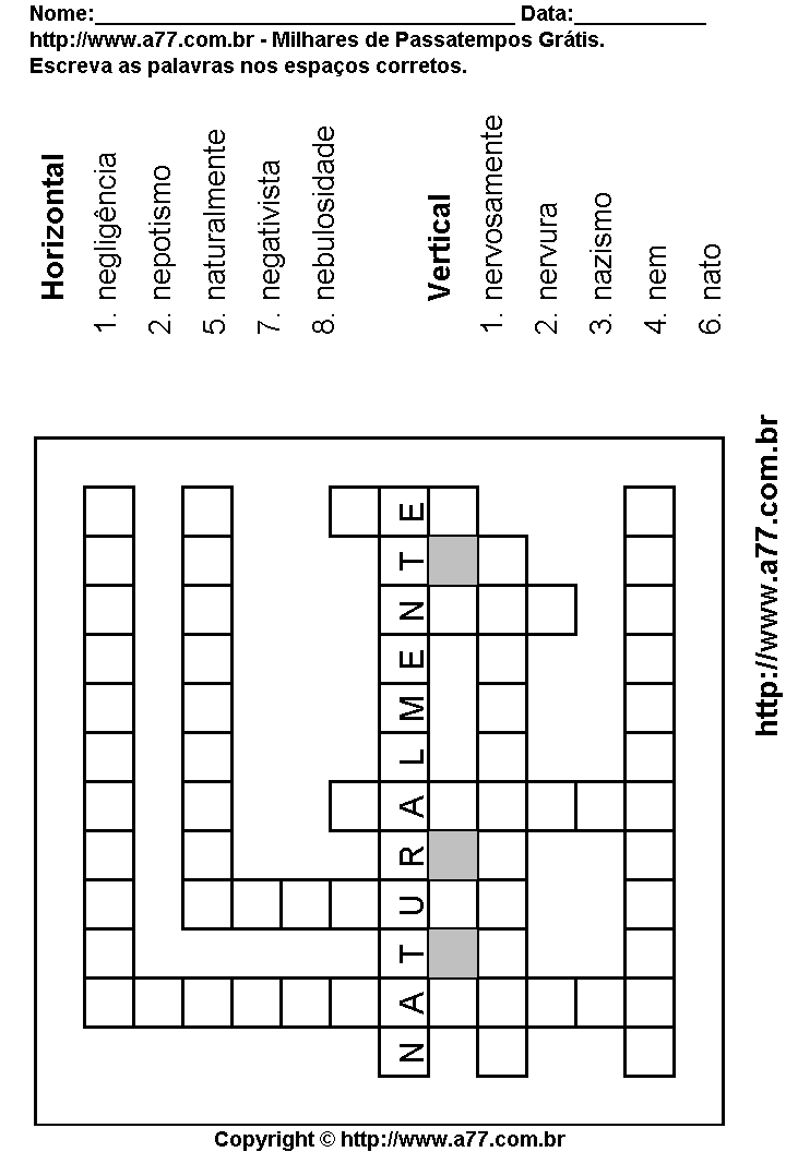 Cruzadinha Para Imprimir com Palavras Escritas Com a Letra N