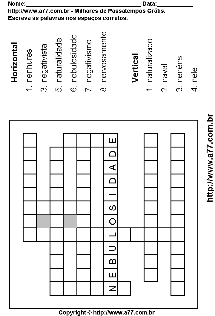 Cruzadinha Para Imprimir com Palavras Escritas Com a Letra N