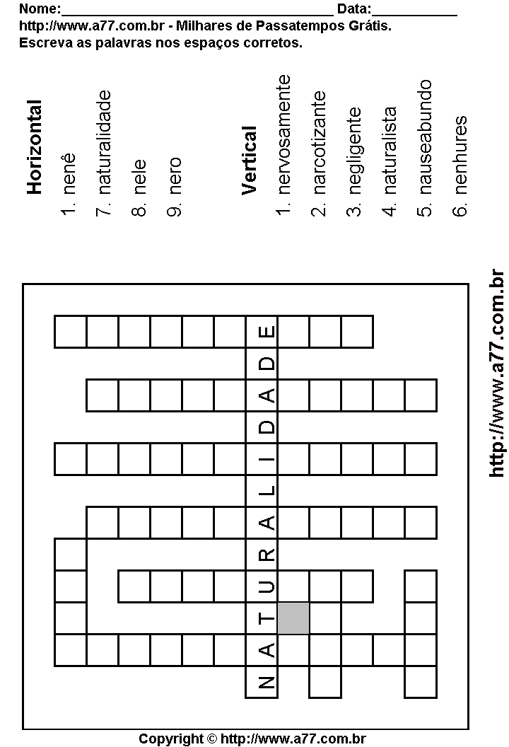 Cruzadinha Para Imprimir com Palavras Escritas Com a Letra N
