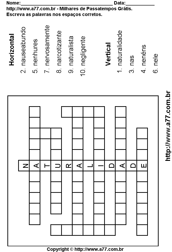 Cruzadinha Para Imprimir com Palavras Escritas Com a Letra N