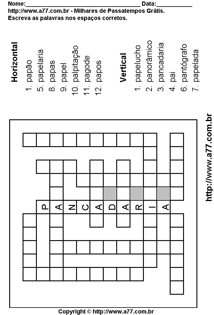 Cruzadinha Para Imprimir com Palavras Escritas Com a Letra P
