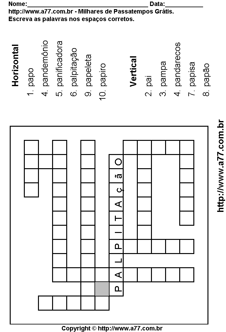 Cruzadinha Para Imprimir com Palavras Escritas Com a Letra P