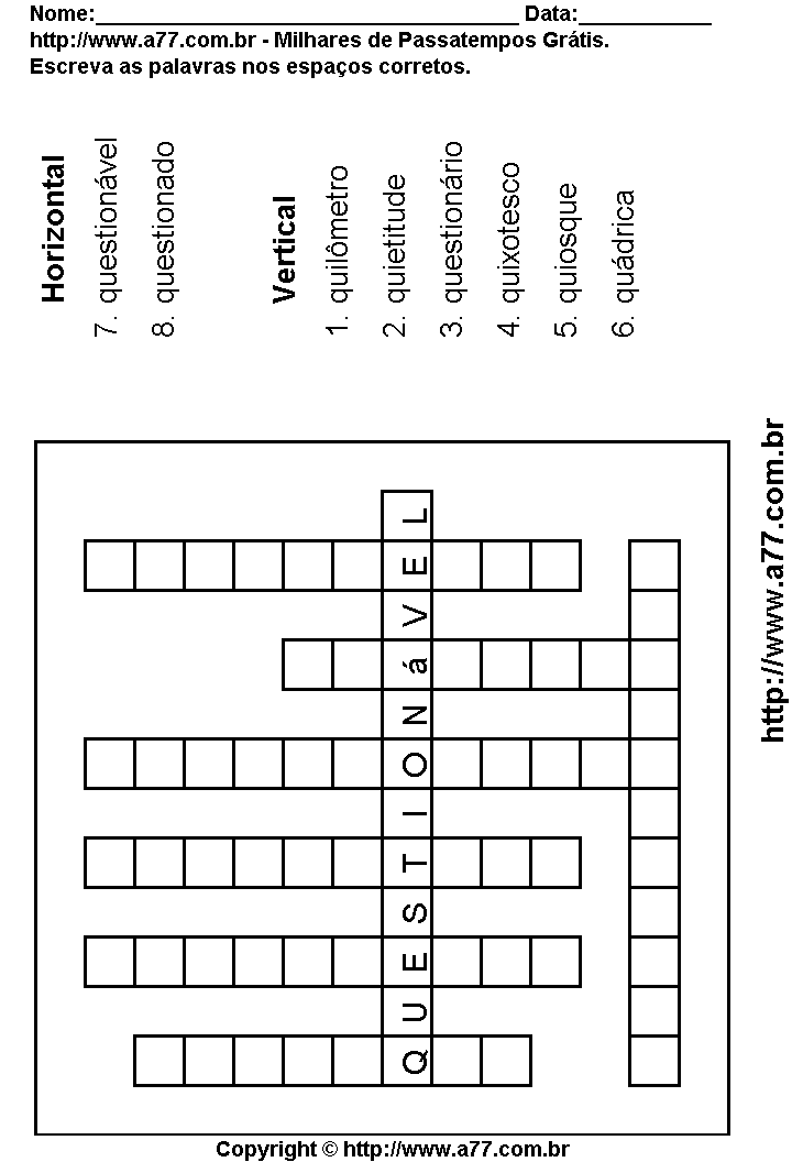 Cruzadinha Para Imprimir com Palavras Escritas Com a Letra Q