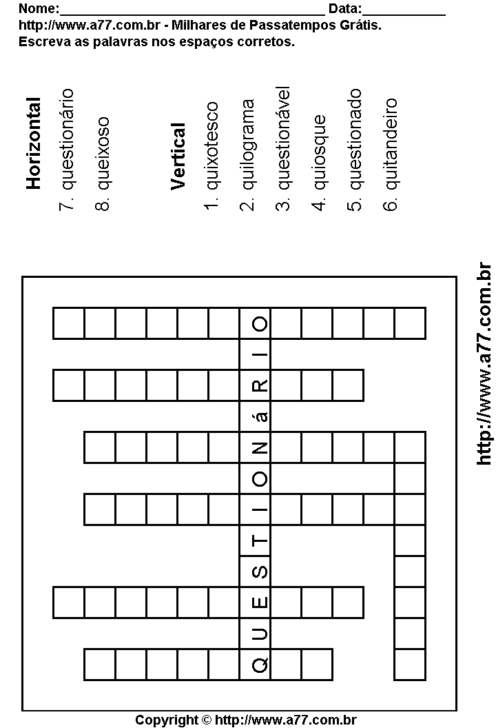 Cruzadinha Para Imprimir com Palavras Escritas Com a Letra Q